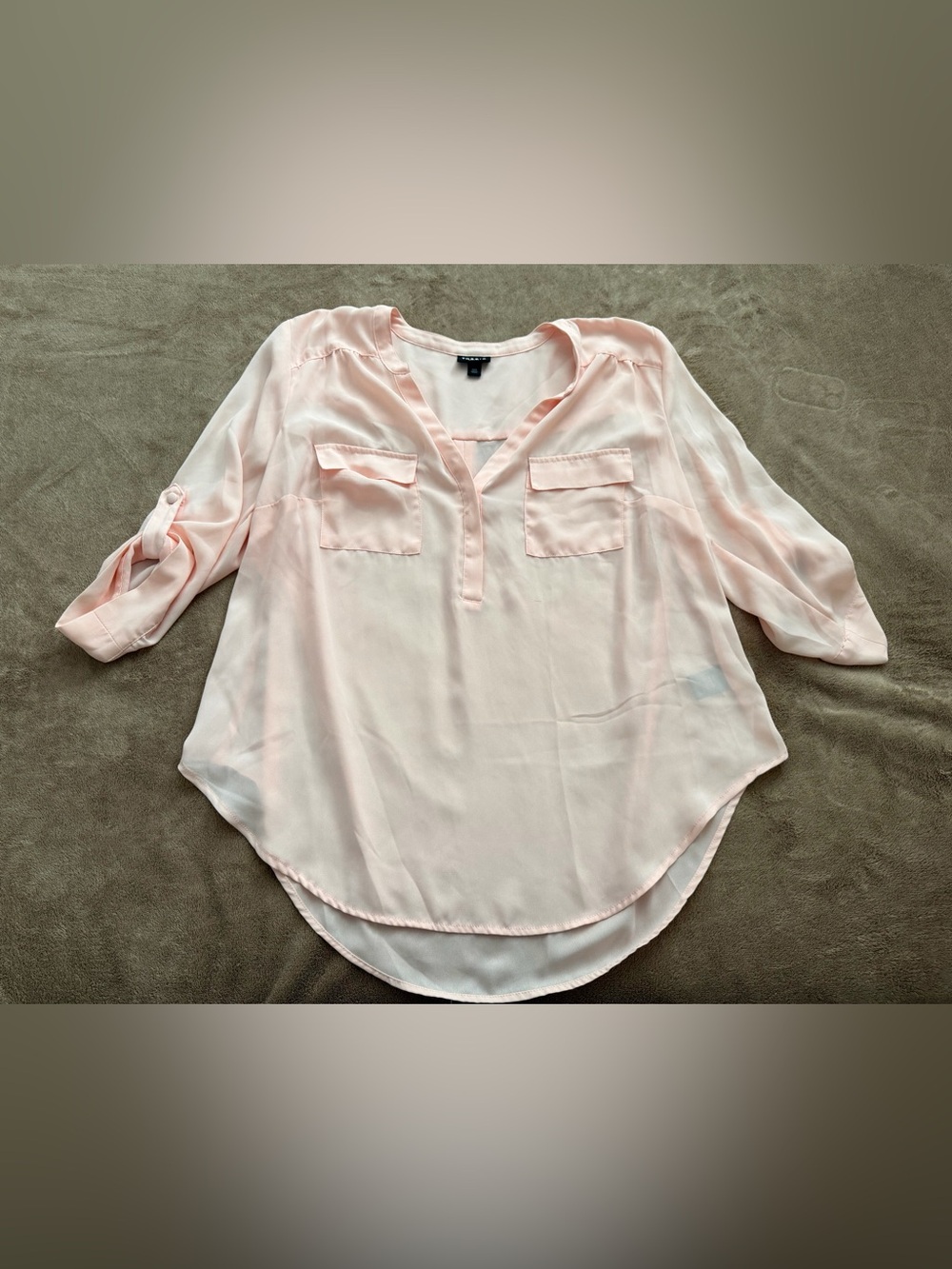 Soft Pink Sheer V-Neck Blouse with Front Pockets